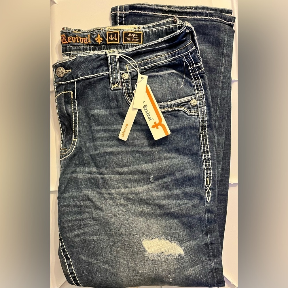 NWT- Rock Revival Jeans Arjan Straight Tiger Stitch Faux Distressed 44W X 32L